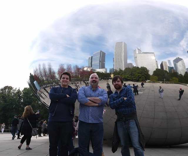 Neil Davey and James and Thom Elliott stand in front of Chicago's Cloud Bean