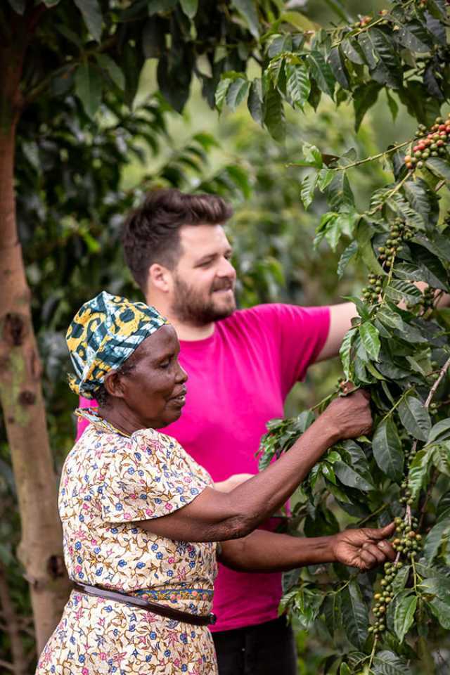 Tom Hunt with a female coffee farmer at the Kabngetuny coffee cooperative
