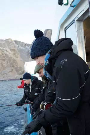 Adam Handling, Jose Souto, Mike Gibson and Michel Roux Jr fishing for Skrei