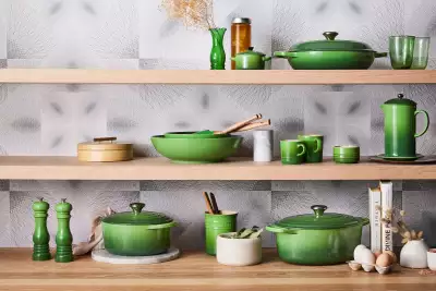 A seletion of Le Creuset cookware in Bamboo colourway