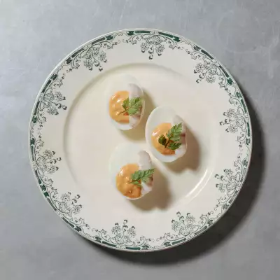 Smoked eel devilled eggs served at French Restaurant Camille in Borough Market, made using eel from The Devon Eel Company