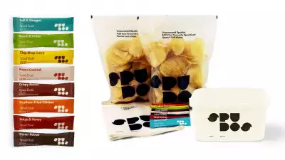 Each Spudos bundle includes 1Kg of crisps (equivalent to 40 regular bags), all 8 flavours of Spud Dust, 10 shake bags and a reusable tub to keep your crisps fresh for longer