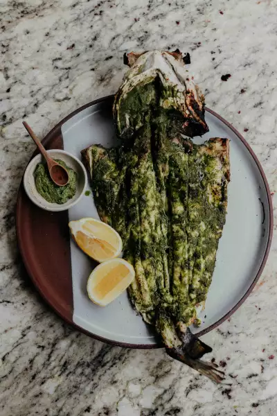 Grilled Cornish mackerel, herb marinade, green sauce, tortillas Grilled Cornish mackerel, herb marinade, green sauce, tortillas
