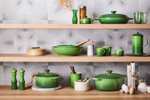 A seletion of Le Creuset cookware in Bamboo colourway