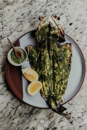 Grilled Cornish mackerel, herb marinade, green sauce, tortillas Grilled Cornish mackerel, herb marinade, green sauce, tortillas