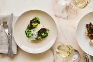 Silver mullet, peas and white asparagus