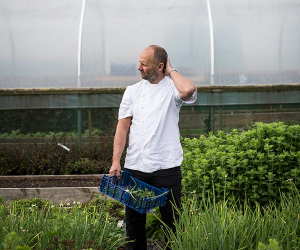 Simon Rogan stands in Our Farm, where fruit and veg for his restaurants grow