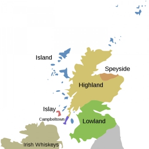 Map of Scotland with scotch whisky producing regions