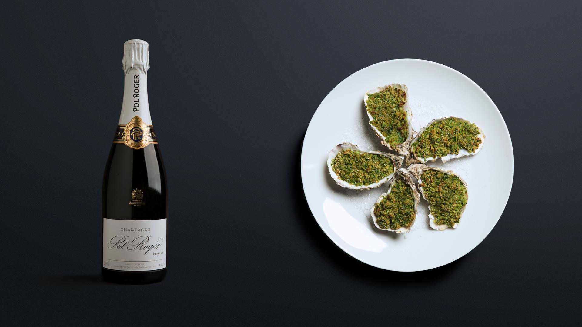 Champagne Pol Roger Reserve with oysters rockefeller Champagne Pol Roger Reserve with oysters rockefeller