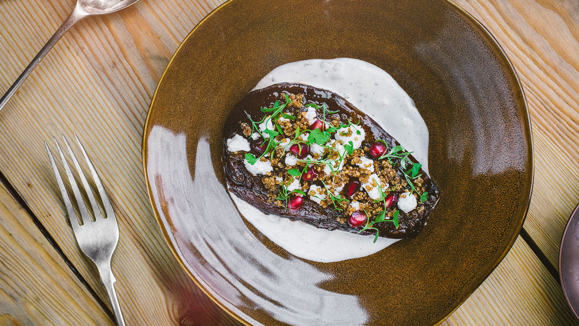 Foley's recipe for date and pomegranate-glazed aubergine Foley's recipe for date and pomegranate-glazed aubergine