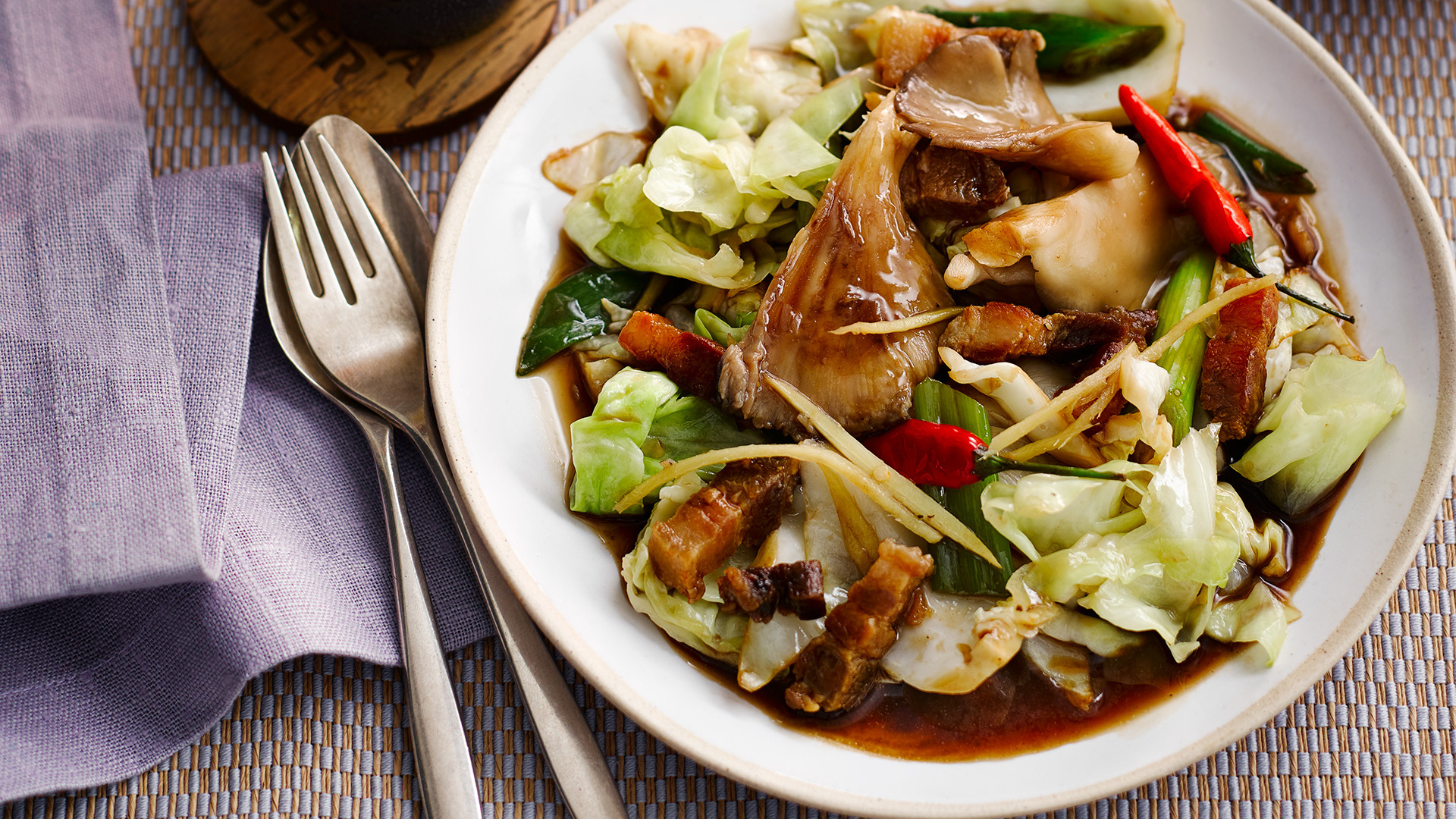 Andy Oliver's stir-fried hispi cabbage with oyster mushrooms and pork Andy Oliver's stir-fried hispi cabbage with oyster mushrooms and pork