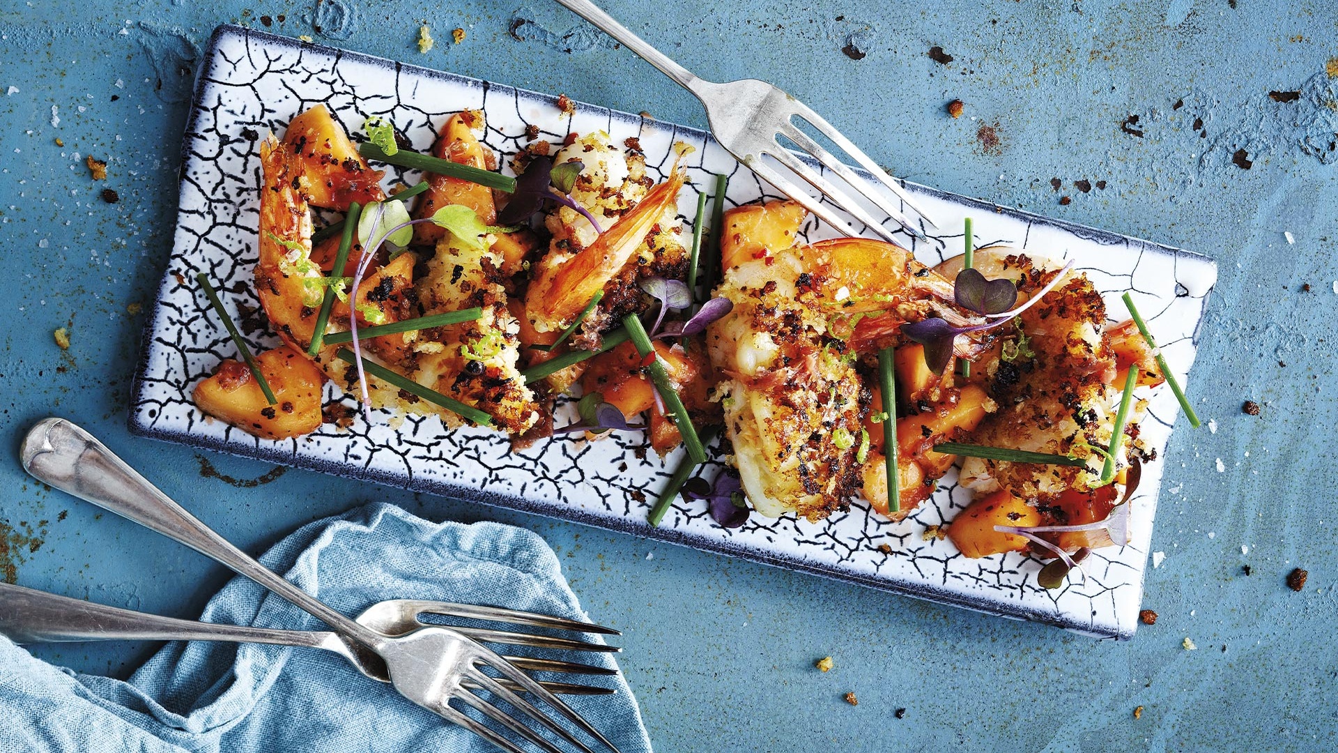 Natasha MacAller's prawns with a hibiscus, citrus and chilli crumb. Photograph by Manja Wachsmuth Natasha MacAller's prawns with a hibiscus, citrus and chilli crumb. Photograph by Manja Wachsmuth