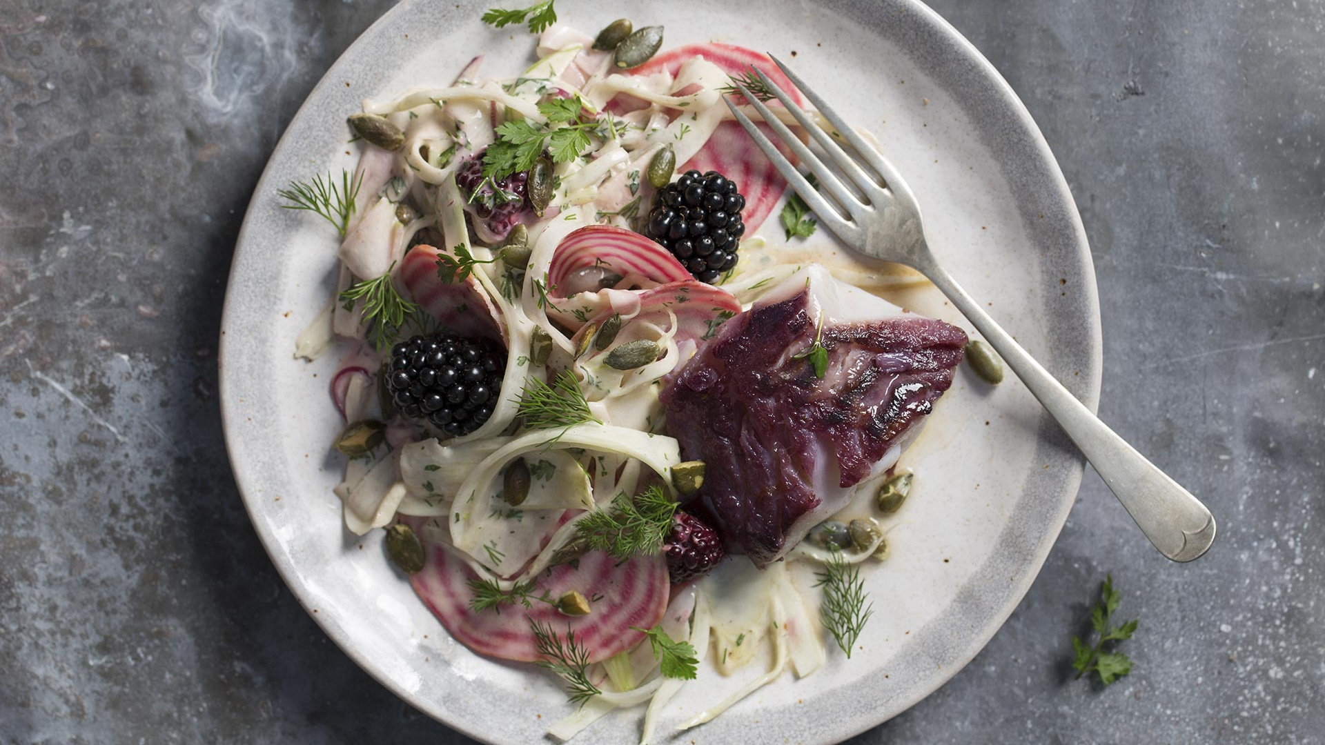 Make Rosie Birkett's blackberry cured cod, fennel and candy beet remoulade; photograph: Jason Bailey Make Rosie Birkett's blackberry cured cod, fennel and candy beet remoulade; photograph: Jason Bailey