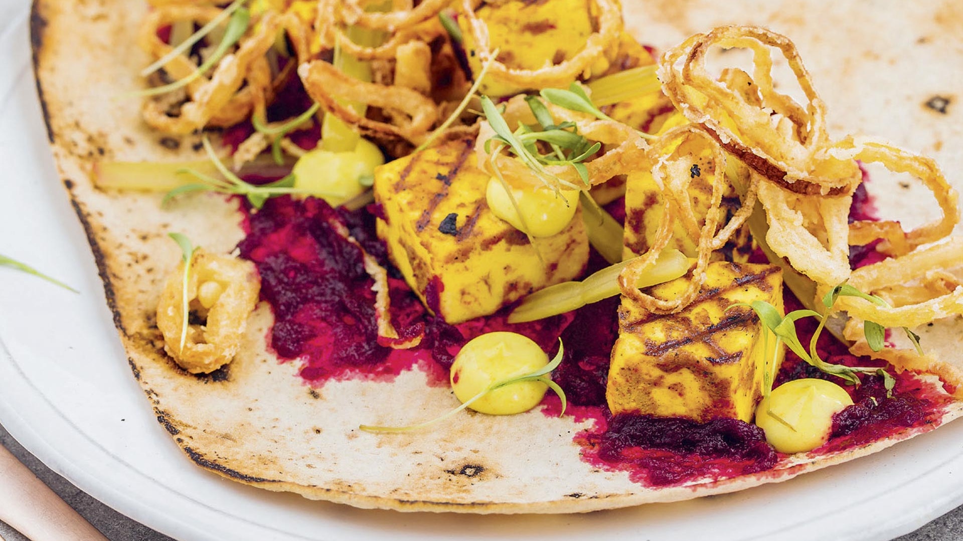 Make Le Bab's paneer kebab with beetroot purée, pickled chard and crispy shallot rings Make Le Bab's paneer kebab with beetroot purée, pickled chard and crispy shallot rings