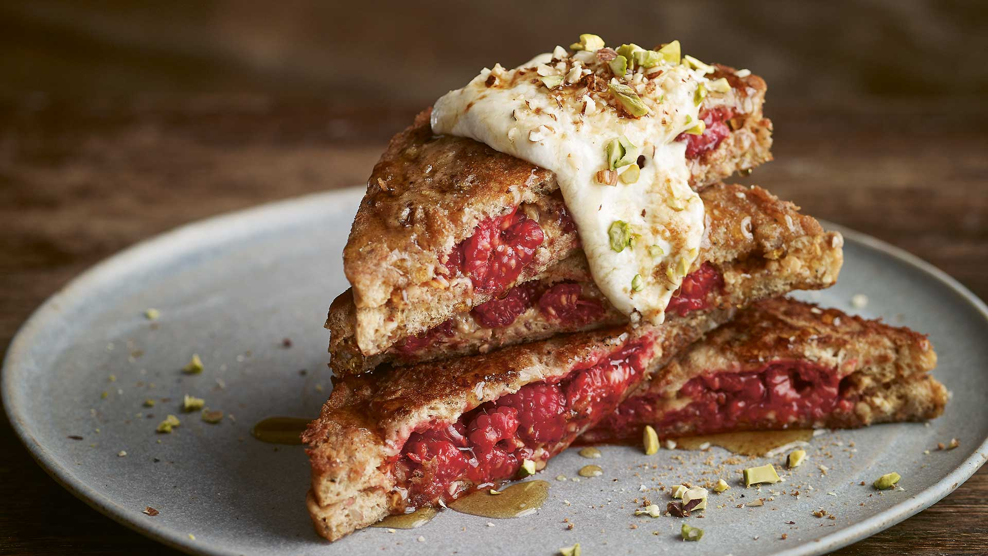 Smashed raspberry and almond butter vegan French Toast; photography: Nassima Rothacker Smashed raspberry and almond butter vegan French Toast; photography: Nassima Rothacker