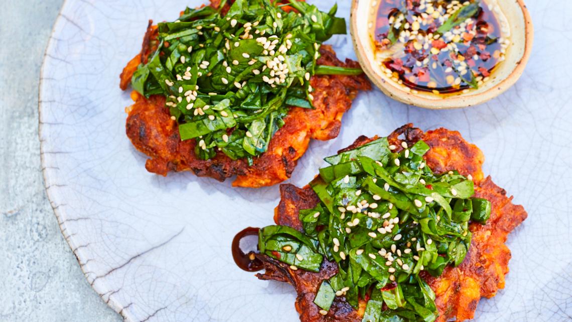 Meera Sodha’s kimchi pancakes with spinach salad Recipes Foodism