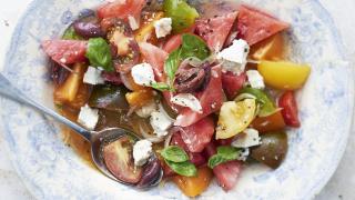 Watermelon and tomato salad with goat's cheese.  Photograph by David Munns