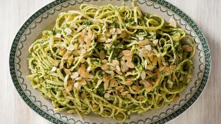 A recipe for almond and courgette pesto linguine from The Silver Spoon's Naples and the Amalfi Coast; photography Simon Bajada