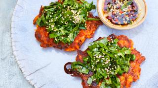 Make Meera Sodha’s kimchi pancakes with spinach salad