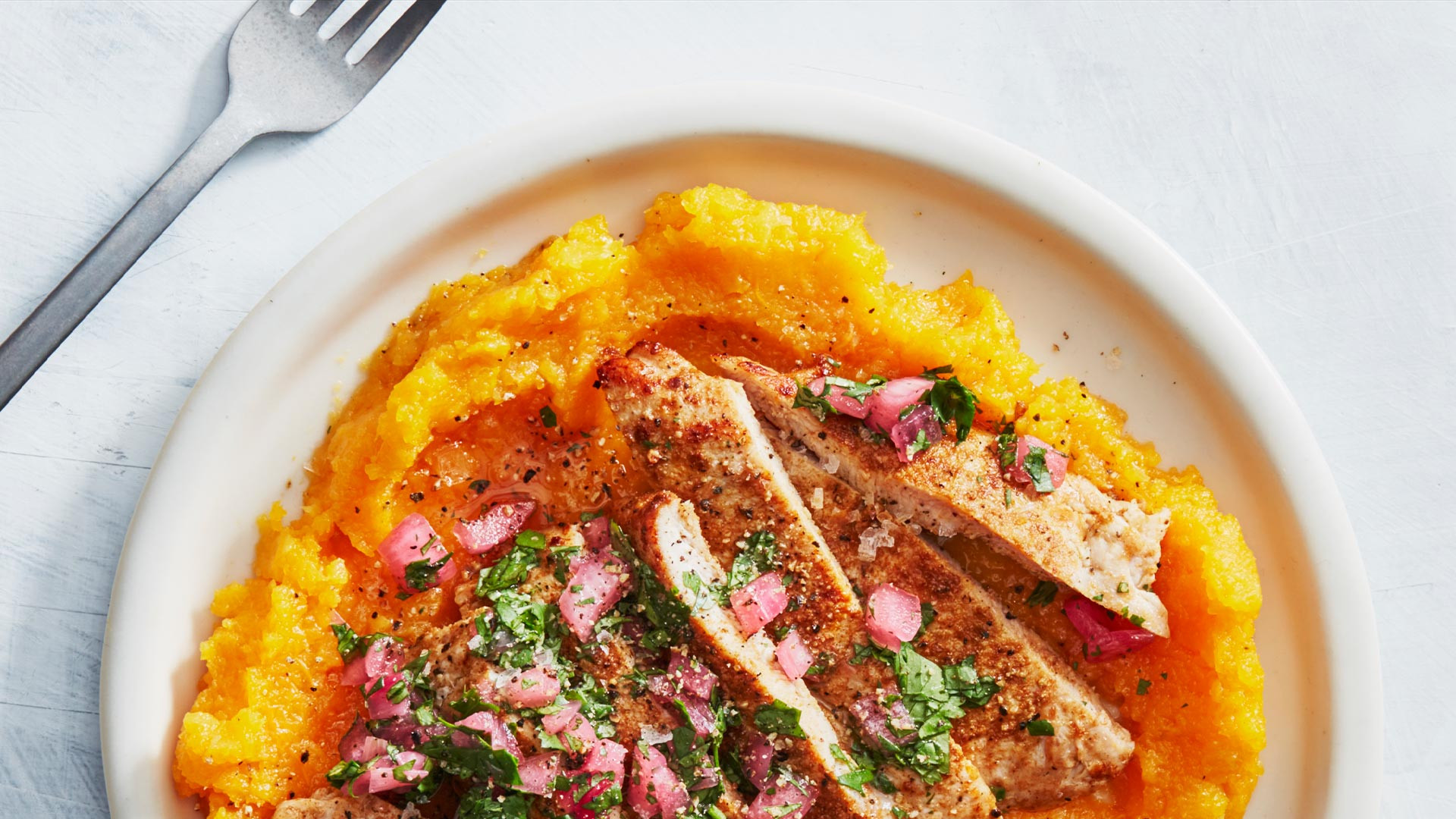 butternut squash and crunchy quick-pickled red onions provide a