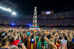 Castellers de Vilafranca performing a castell at FC Barcelona's Nou Camp