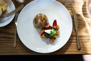 Ham hock pudding with beetroot and walnut