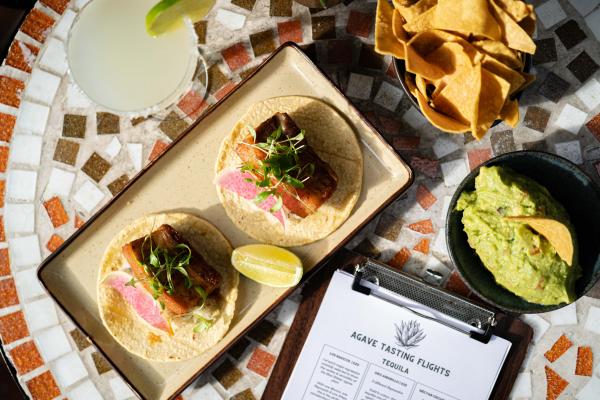 Tomatillo-agave glazed pork belly tacos