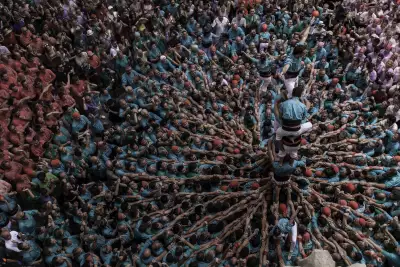 Castellers de Vilafranca performing a castell in Vilafranca del Pened&egrave;s