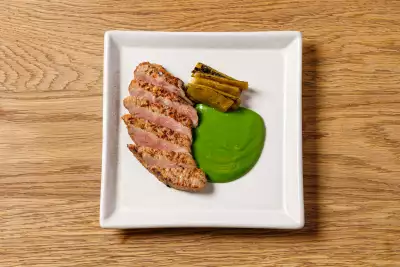 Miso presa with watercress surinagashi and pickled runner beans