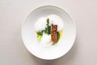 Sea bream with maesaengi, asparagus and Jersey Royal potato