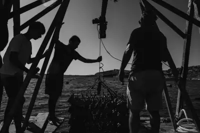 Pulling the wine cage out of the sea