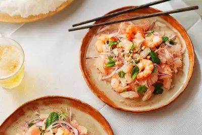 Prawn, pomelo and herb salad with peanuts and crisped rice paper crackers