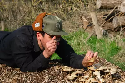 Santiago Lastra inspecting a wild mushroom in Kent