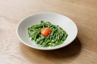 Wild garlic chitarra with egg yolk, wild garlic oil at Manteca