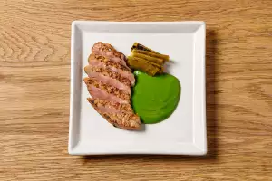 Miso presa with watercress surinagashi and pickled runner beans