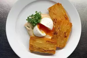 Smoked cod's roe, soft boiled egg, duck fat potato strata and cress