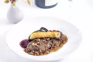 Roast Yorkshire grouse, crisp Leg, pickled beetroot, fig, liver and smoked Bacon