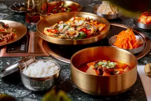 Kyeongsangdo beef Soup, seafood pancake, japchae and rice