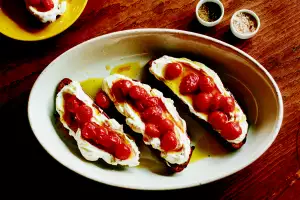 Confit cherry tomatoes and Labneh on toast