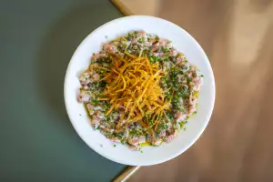 Vitello tonnato with veal tartare and shoestring fries