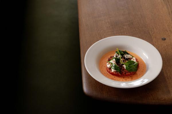 Smoked Marmande tomato, ricotta mustia and sea beets Smoked Marmande tomato, ricotta mustia and sea beets