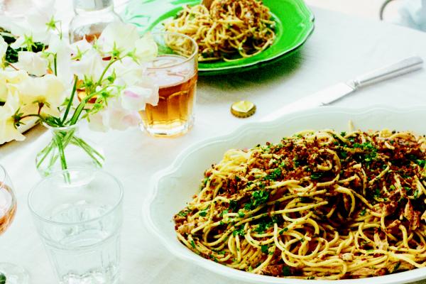 Cirtrus mackerel spaghetti with pangrattato