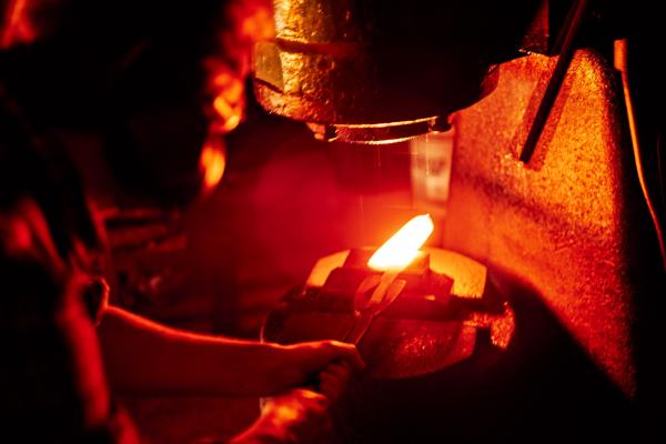Forging hot metal at Bodman Knives Forging hot metal at Bodman Knives