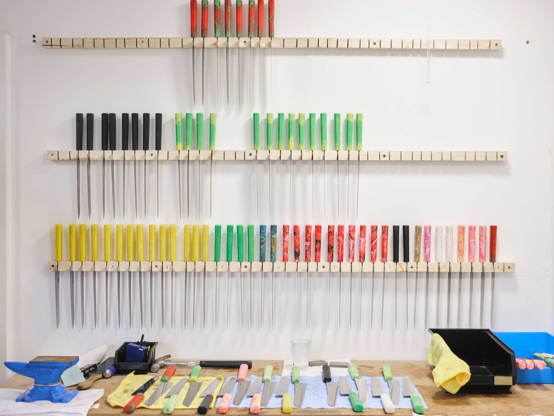 The Dalston workshop of AllDay Goods, where the handles are just as well known as the blades themselves The Dalston workshop of AllDay Goods, where the handles are just as well known as the blades themselves