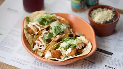 Baja style fish tacos with homemade cucumber pickle