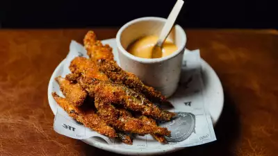 Batter-fried whitebait with South Indian spices and tadka mayo