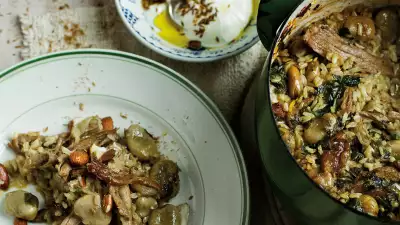 Tom Hunt's broad bean and lamb pilaf with seasoned yoghurt (photograph by Laura Edwards)