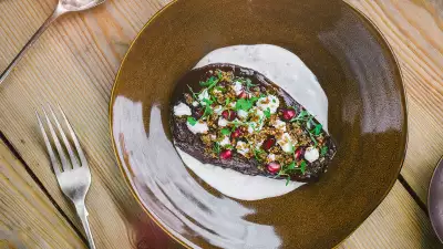 Foley's recipe for date and pomegranate-glazed aubergine