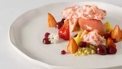 Kir royale cassis sorbet, champagne foam and marshmallow at Pollen Street Social, which received 5 AA Rosettes