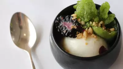 Yoghurt sorbet with pine nut and blackberry